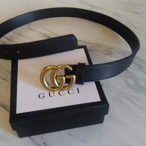GUCCI Black  leather Belt - Double GG Buckle 3cm W